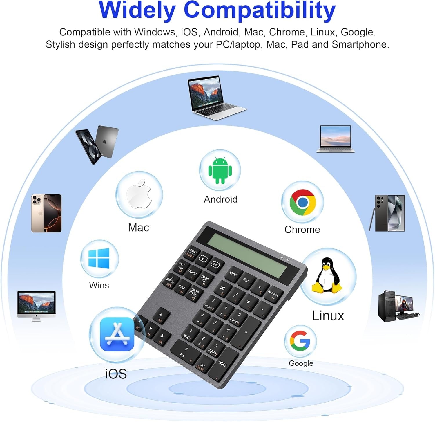 NÖRDIC Slim 34-tasters numerisk tastatur med Bluetooth og display, 2-i-1 dataindtastning + lommeregner til laptop, MacBook, Mac, Surface, PC og Chrome