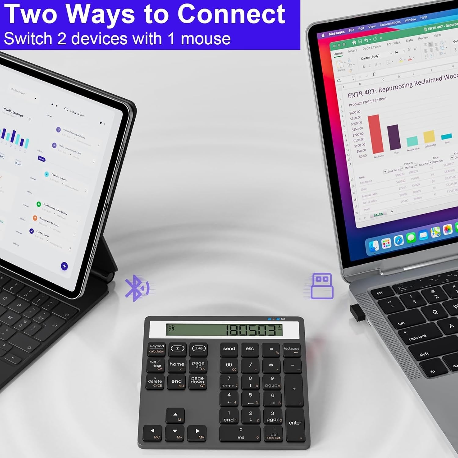 NÖRDIC Slim 34-tasters numerisk tastatur med Bluetooth og display, 2-i-1 dataindtastning + lommeregner til laptop, MacBook, Mac, Surface, PC og Chrome