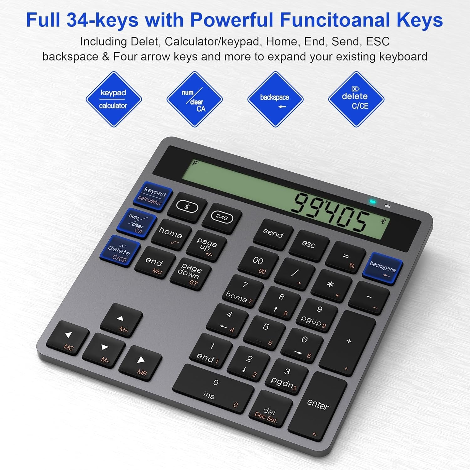NÖRDIC Slim 34-tasters numerisk tastatur med Bluetooth og display, 2-i-1 dataindtastning + lommeregner til laptop, MacBook, Mac, Surface, PC og Chrome
