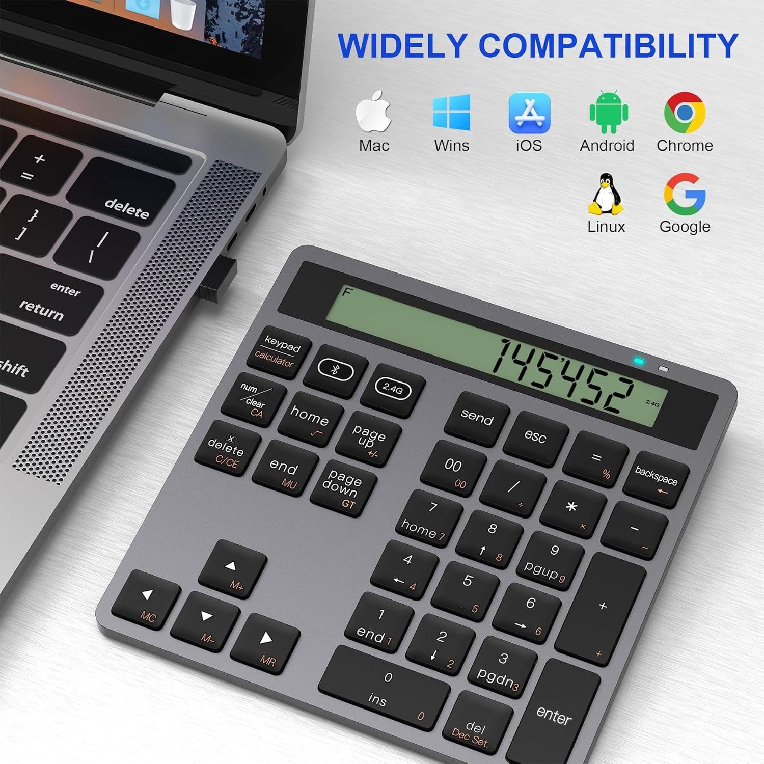 NÖRDIC Slim 34-tasters numerisk tastatur med Bluetooth og display, 2-i-1 dataindtastning + lommeregner til laptop, MacBook, Mac, Surface, PC og Chrome