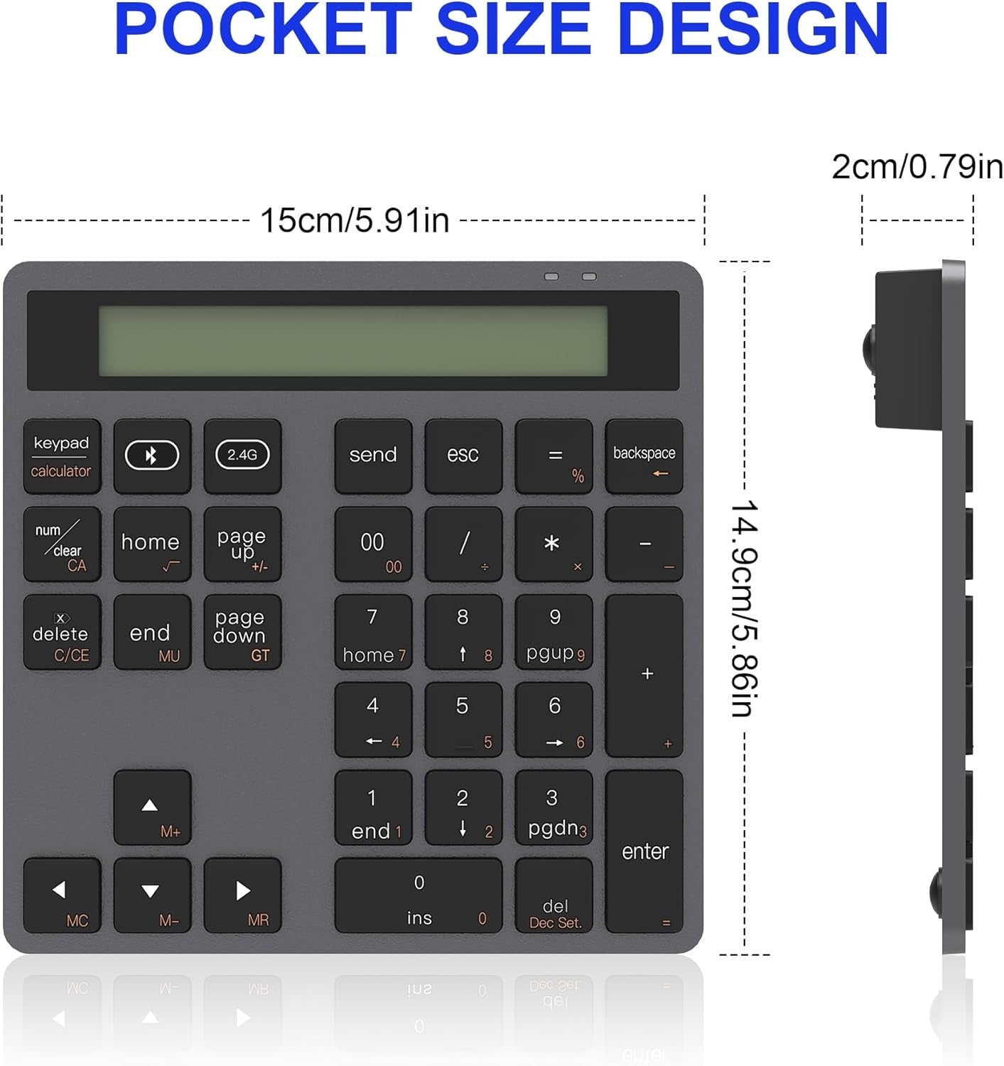 NÖRDIC Slim 34-tasters numerisk tastatur med Bluetooth og display, 2-i-1 dataindtastning + lommeregner til laptop, MacBook, Mac, Surface, PC og Chrome