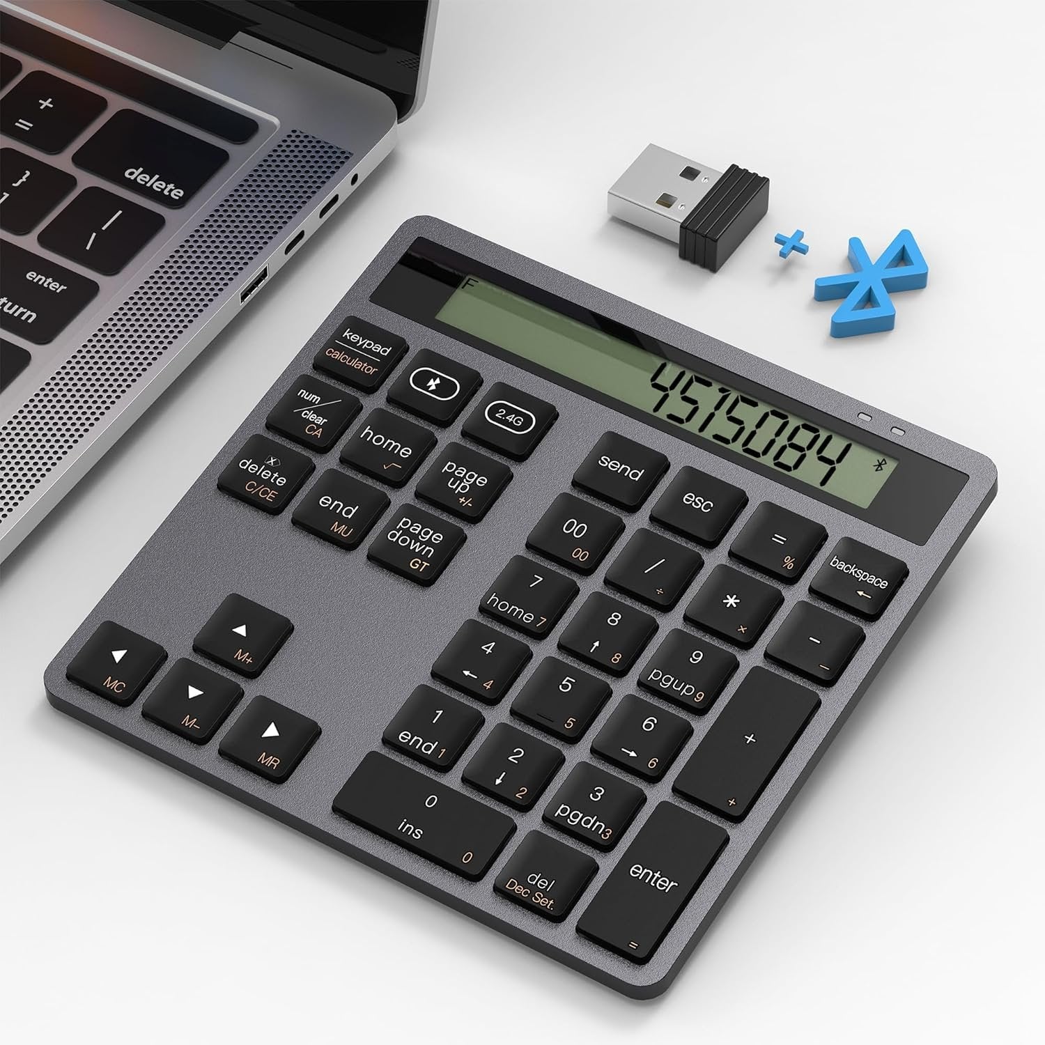 NÖRDIC Slim 34-tasters numerisk tastatur med Bluetooth og display, 2-i-1 dataindtastning + lommeregner til laptop, MacBook, Mac, Surface, PC og Chrome