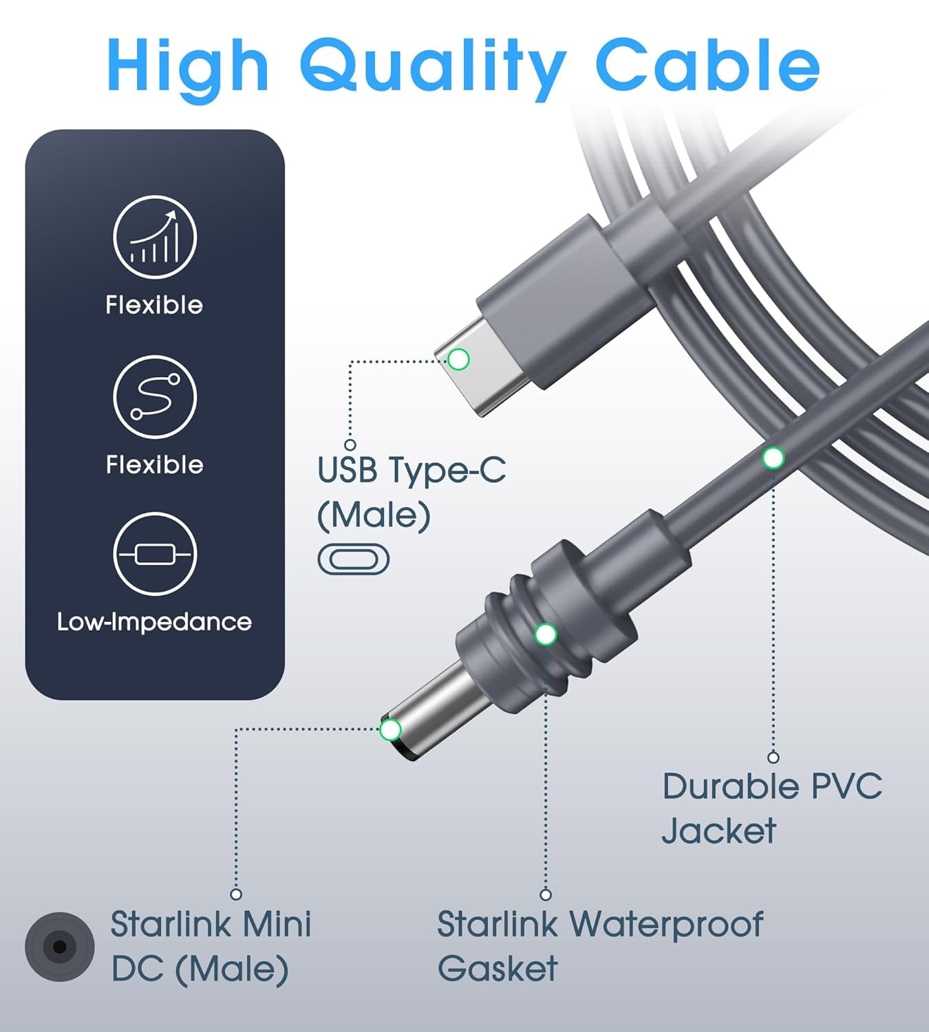 Starlink Mini-kabel 2 m USB-C til DC Vandtæt 100W Indgang Udendørs Camping Rejse Arbejde