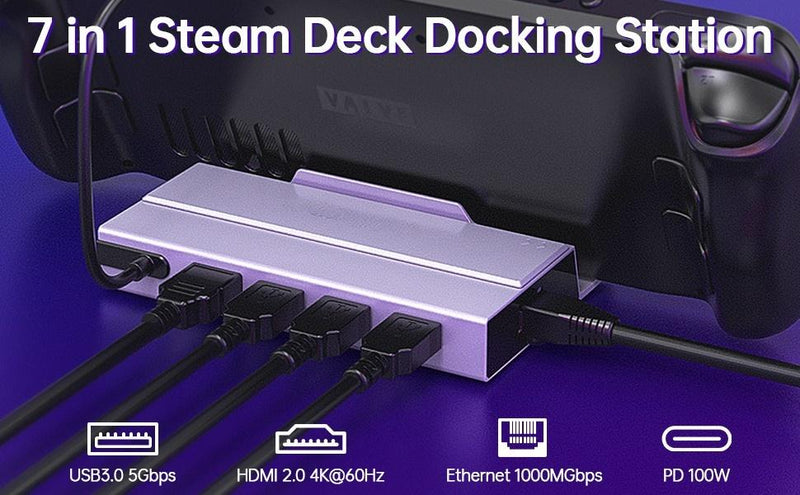 NÖRDIC Steam Deck dockingstation 1 til 7 - 1xHDMI 2.0 (4K60Hz), 1xM.2 SSD, 1xUSB-C PD 100W, 2xUSB-A 3.1, 1xUSB-A 2.0, 1xGigabit Ethernet