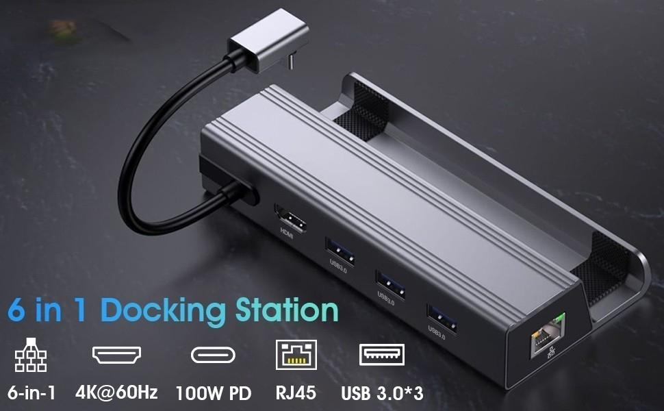 NÖRDIC Steam Deck dockingstation 1 til 6 - 1xHDMI4K60Hz, 1xUSB-C PD100W, 3xUSB-A 3.1 5Gbps, 1xRJ45 GigaLAN