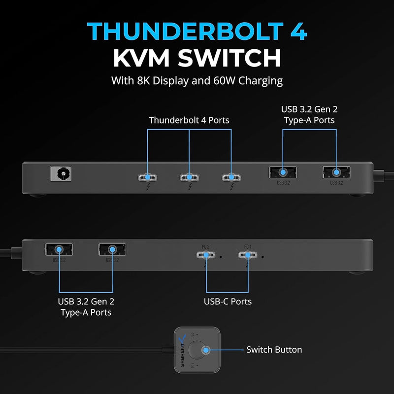 NÖRDIC Thunderbolt 4 dockingstation og KVM switch 2 til 2, 8K60Hz, 3x Thunderbolt 4 & 4x USB-A