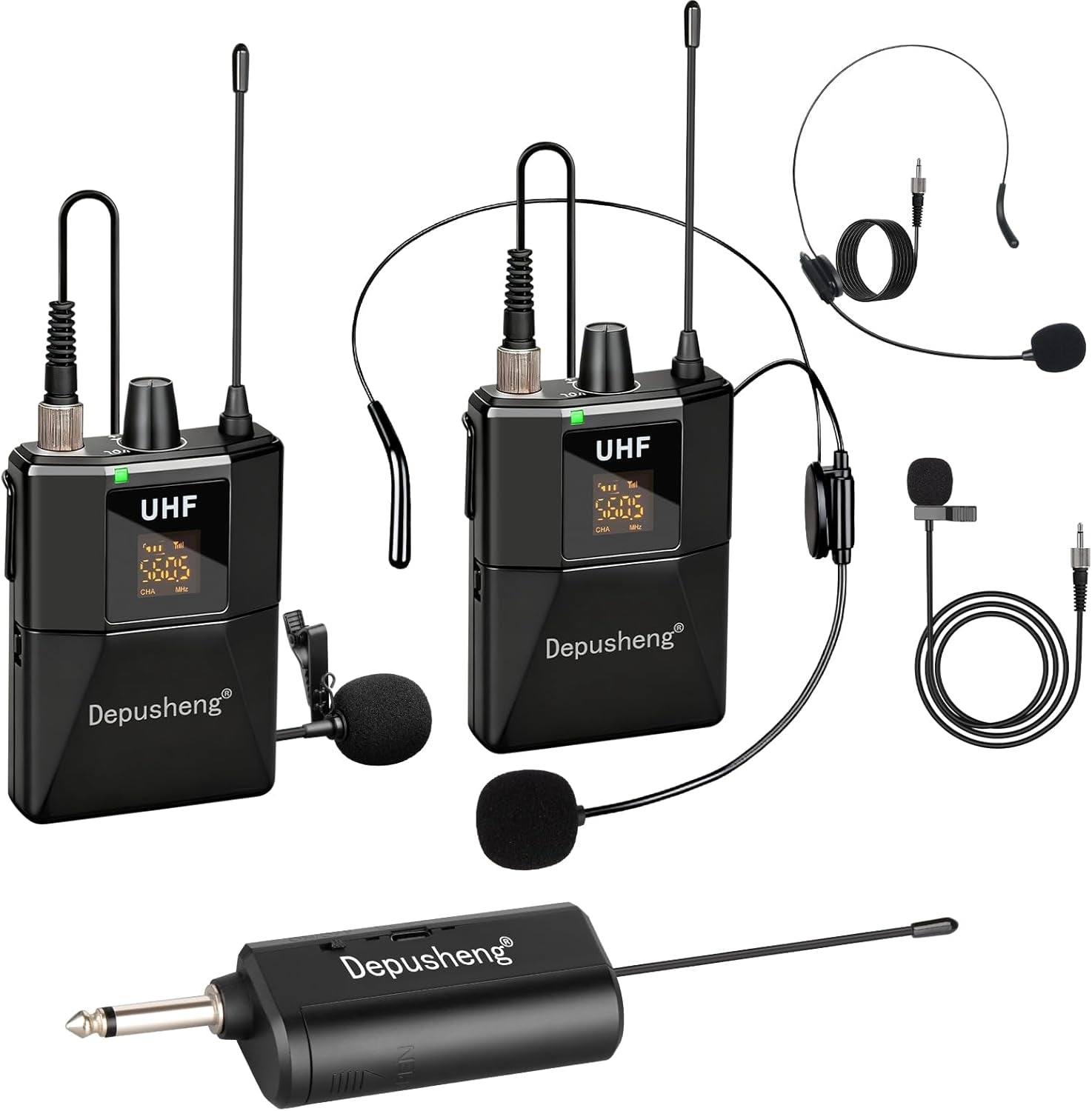 NÖRDIC UHF Wireless Microphone Headset System -Wireless Headset Mic System, with Lavalier Lapel Mics, 60m Range, 1/8'' and 1/4'' Plug