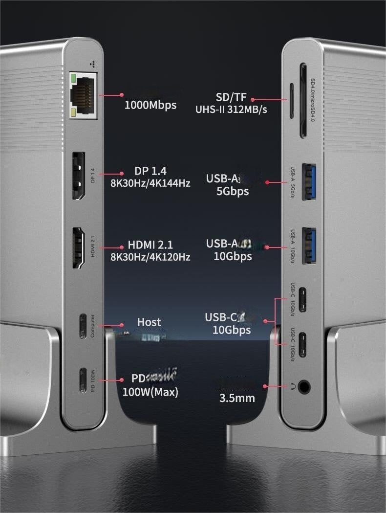 NÖRDIC USB-C 1 til 12 Dockingstation 1xDP 8K30Hz 1xHDMI 8K30Hz 1xRJ45 GigaLan 1xUSB-C PD100W 3xUSB 10G 1xUSB 5G 1xSD 1XMicroSD 1x3,5mm AUX