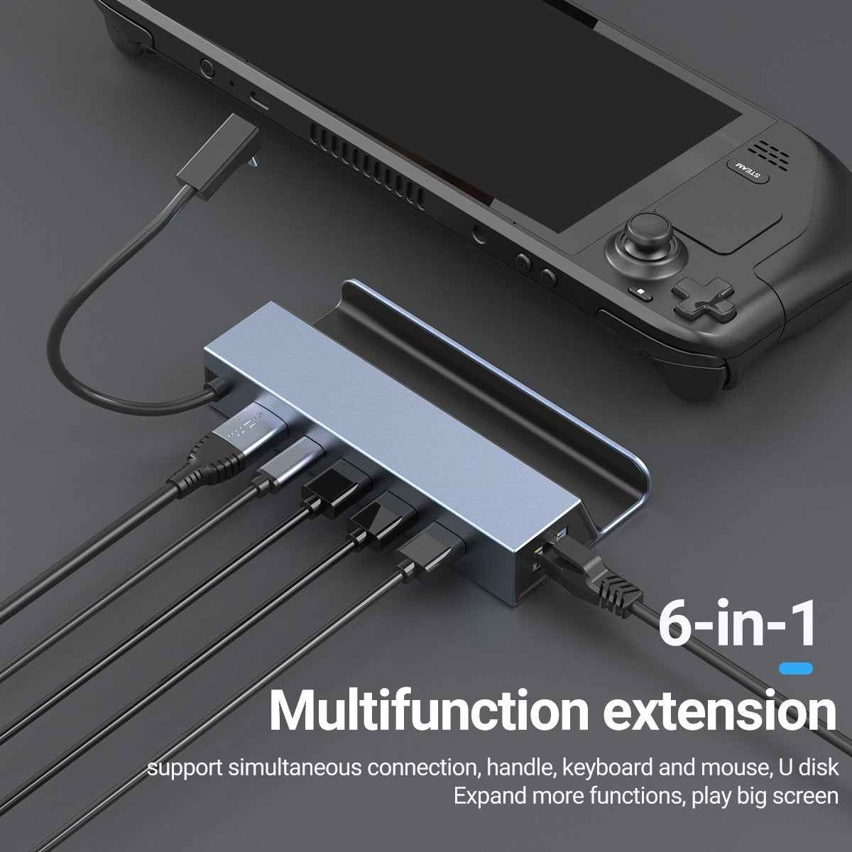 NÖRDIC USB-C 1 til 6 dockingstation til Steam Deck, HDMI 2.0 4k60Hz, RJ45, USB-A 3.0 5 Gbps, 100W USB-C PD