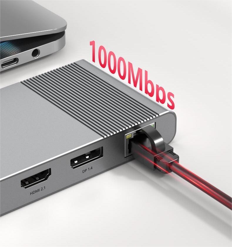 NÖRDIC USB-C 1 til 12 Dockingstation 1xDP 8K30Hz 1xHDMI 8K30Hz 1xRJ45 GigaLan 1xUSB-C PD100W 3xUSB 10G 1xUSB 5G 1xSD 1XMicroSD 1x3,5mm AUX