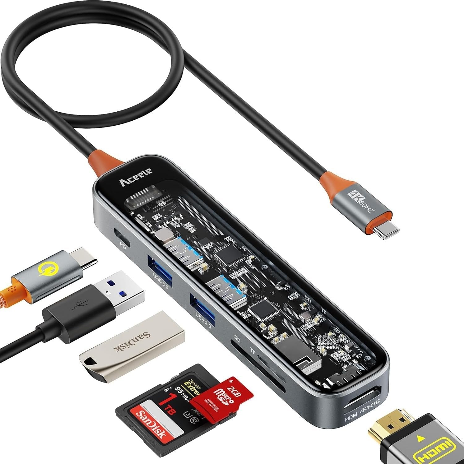 NÖRDIC USB-C 1 til 6 hubs 1xHDMI4K60Hz 1xUSB-C PD 100W 2xUSB-A 5Gbps 1xSD 1xMicro SD