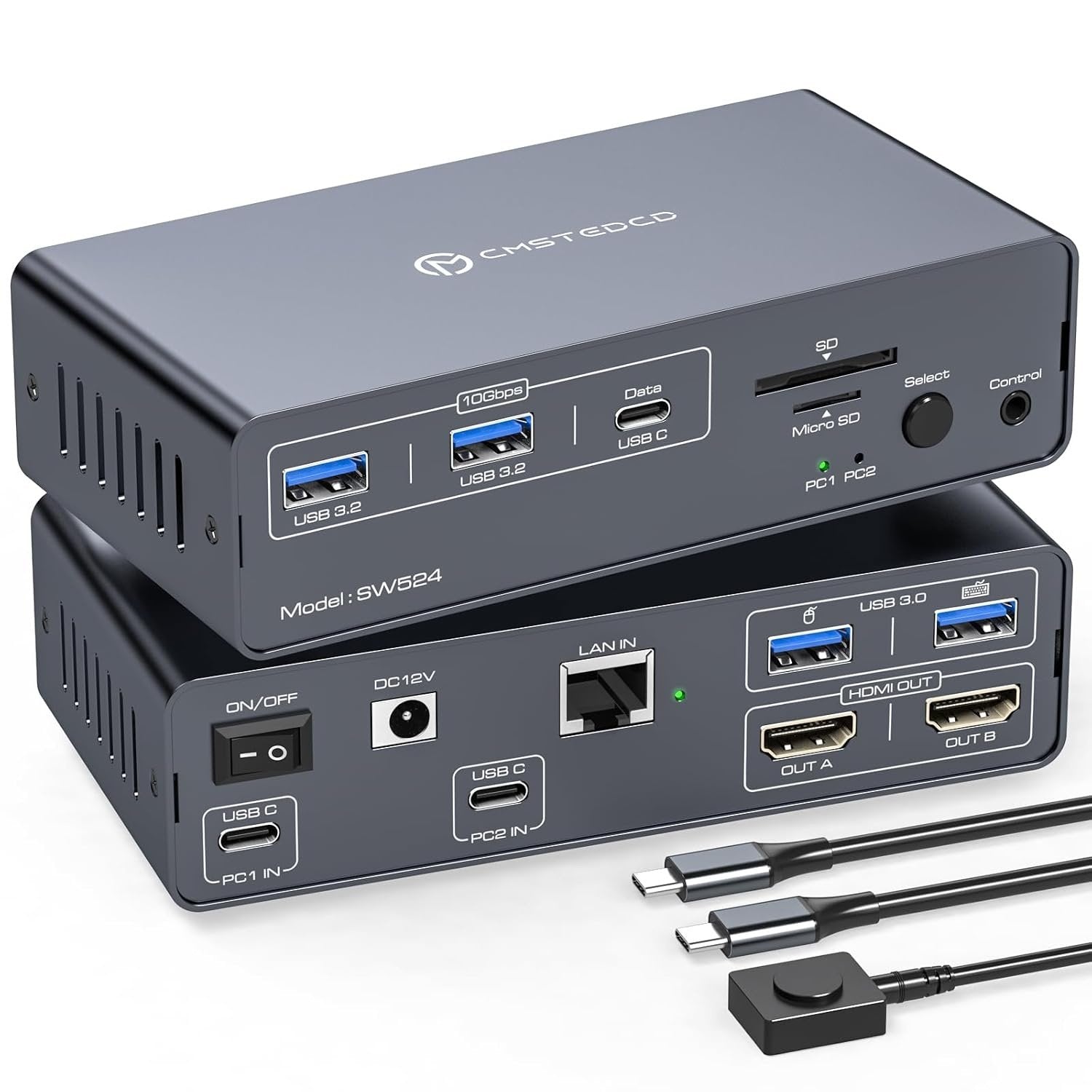 NÖRDIC USB-C Dockingstation med KVM-switch 2 PC 2 skærme 4K60Hz HDMI EDID 12-i-1 Gigabit Ethernet, kortlæser, 5xUSB-A og USB-C