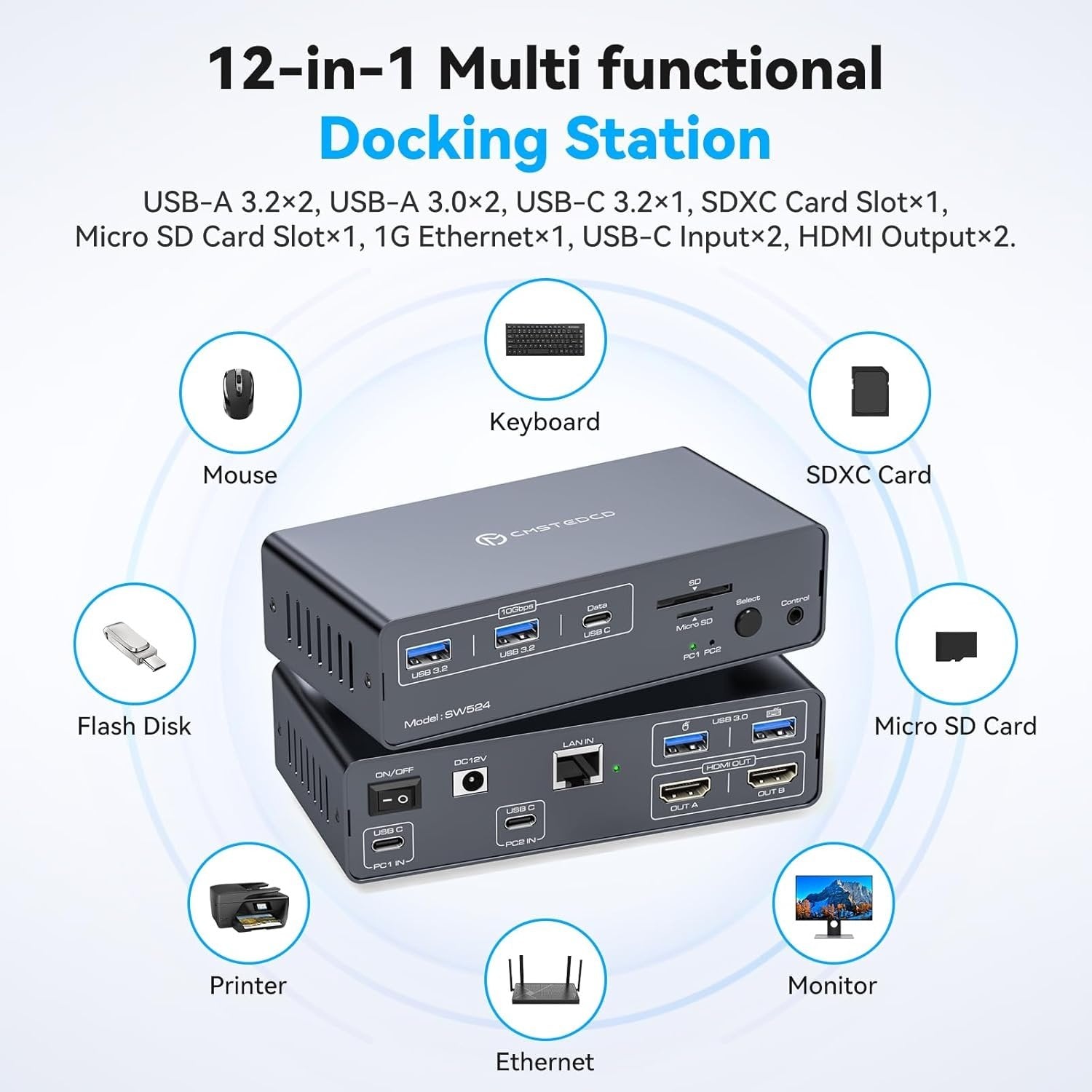 NÖRDIC USB-C Dockingstation med KVM-switch 2 PC 2 skærme 4K60Hz HDMI EDID 12-i-1 Gigabit Ethernet, kortlæser, 5xUSB-A og USB-C