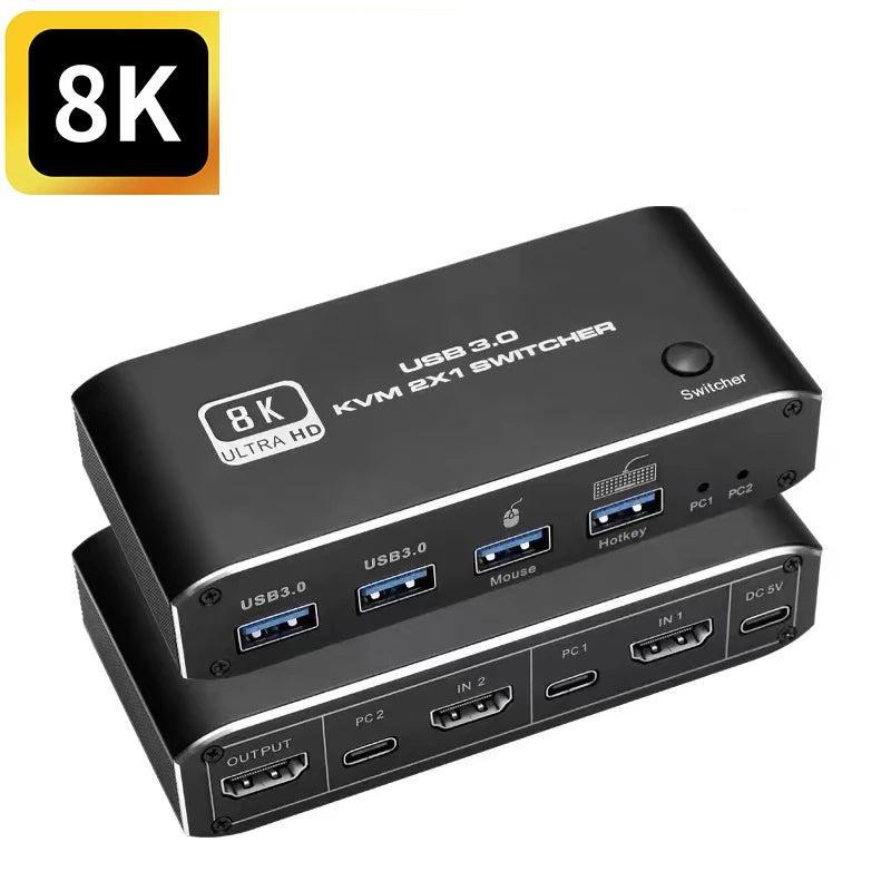 NÖRDIC HDMI 2.1 8K60Hz KVM-switch 2 til 1 HDCP2.3 HDR10 med 4XUSB-A-udgang