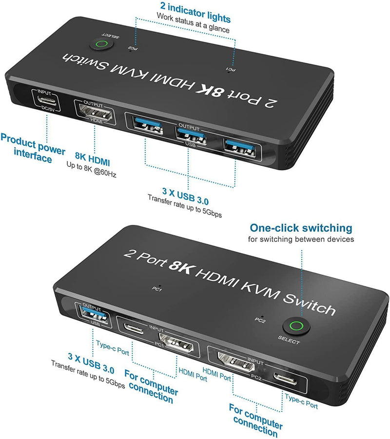 NÖRDIC HDMI 2.1 8K60Hz KVM-switch 2 til 1 HDCP2.3 HDR10 med 4xUSB-A-udgang