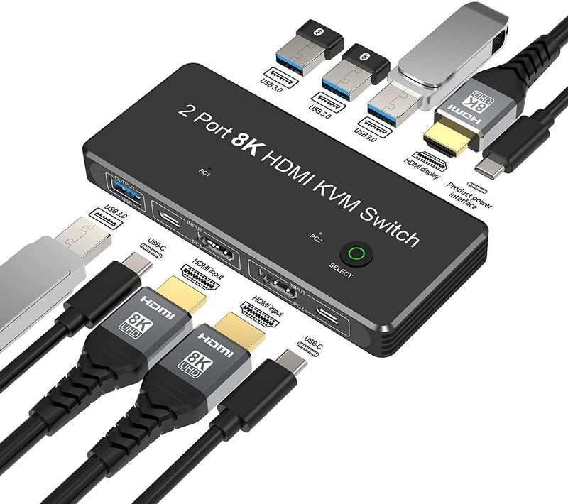 NÖRDIC HDMI 2.1 8K60Hz KVM-switch 2 til 1 HDCP2.3 HDR10 med 4xUSB-A-udgang