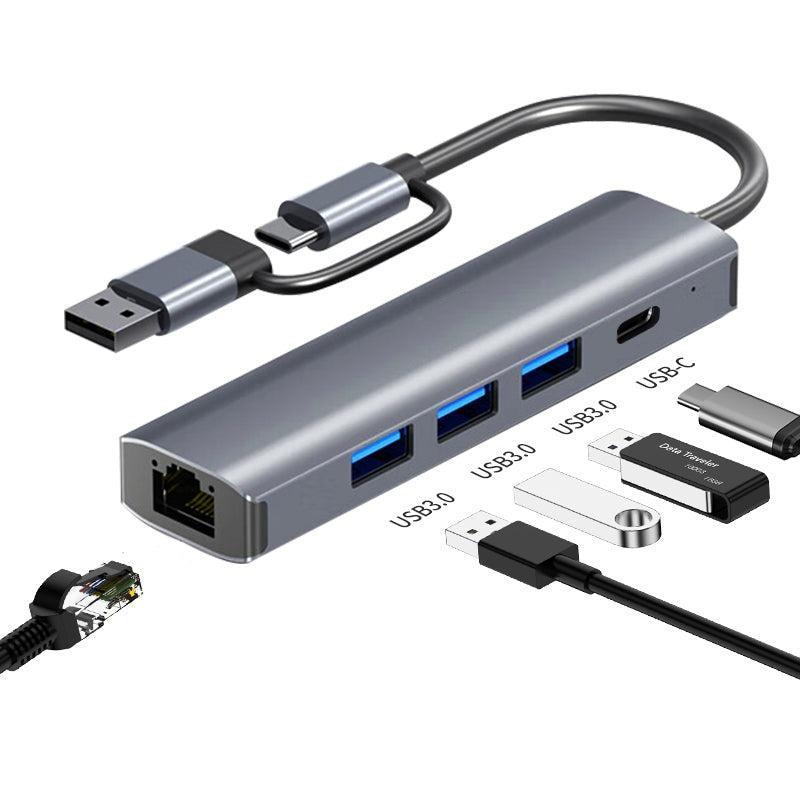 NÖRDIC USB Hub USB-C eller A til 3xUSB-A 3.0 1xUSB-C 5Gbps 1xRJ45 Giga LAN