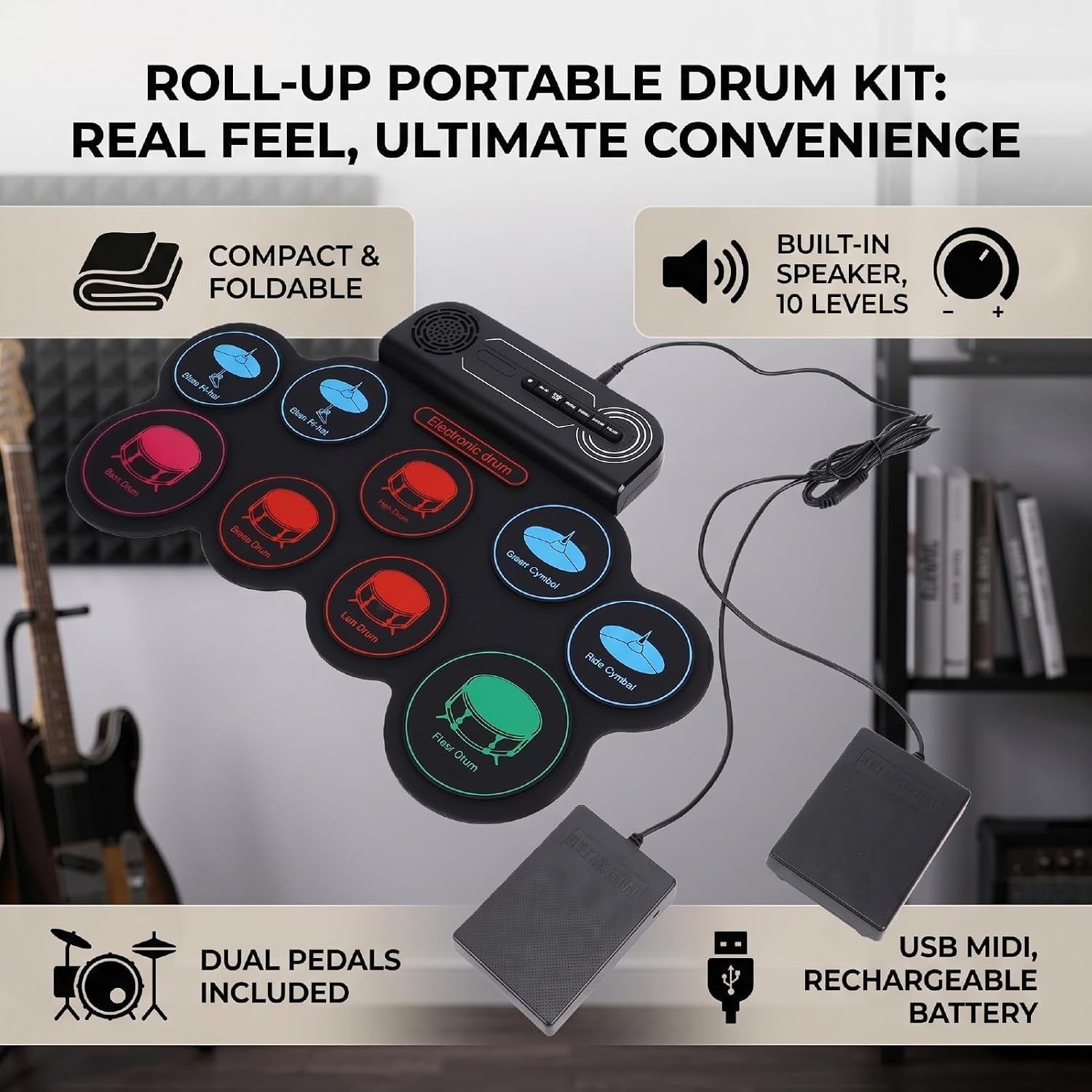 NÖRDIC USB MIDI Electronic Portable Drum Roll Up Pad 9 Pad  Built in Speaker Headphone Jack Dual Pedals