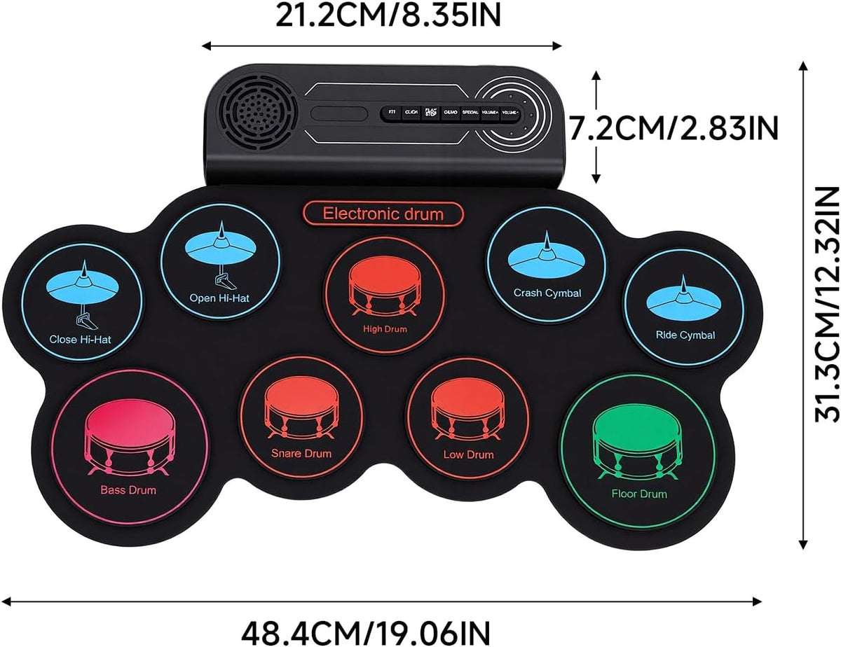 NÖRDIC USB MIDI Electronic Portable Drum Roll Up Pad 9 Pad  Built in Speaker Headphone Jack Dual Pedals