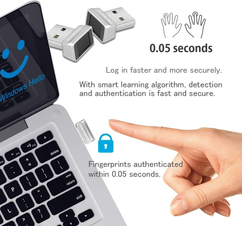 NÖRDIC USB Windows Hello Fingeraftrykslæser til Windows 11/10, Sikkerhedsenhed til login på computere, Sikkerhedslås