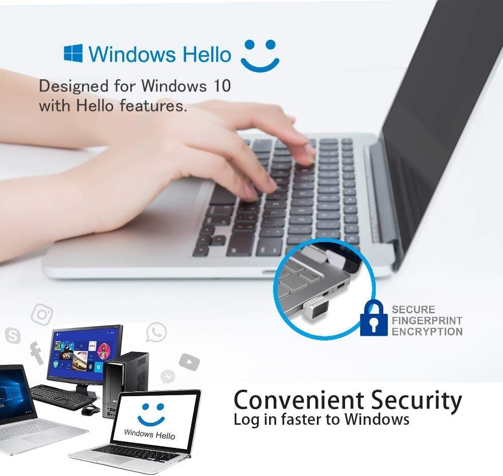 NÖRDIC USB Windows Hello Fingeraftrykslæser til Windows 11/10, Sikkerhedsenhed til login på computere, Sikkerhedslås