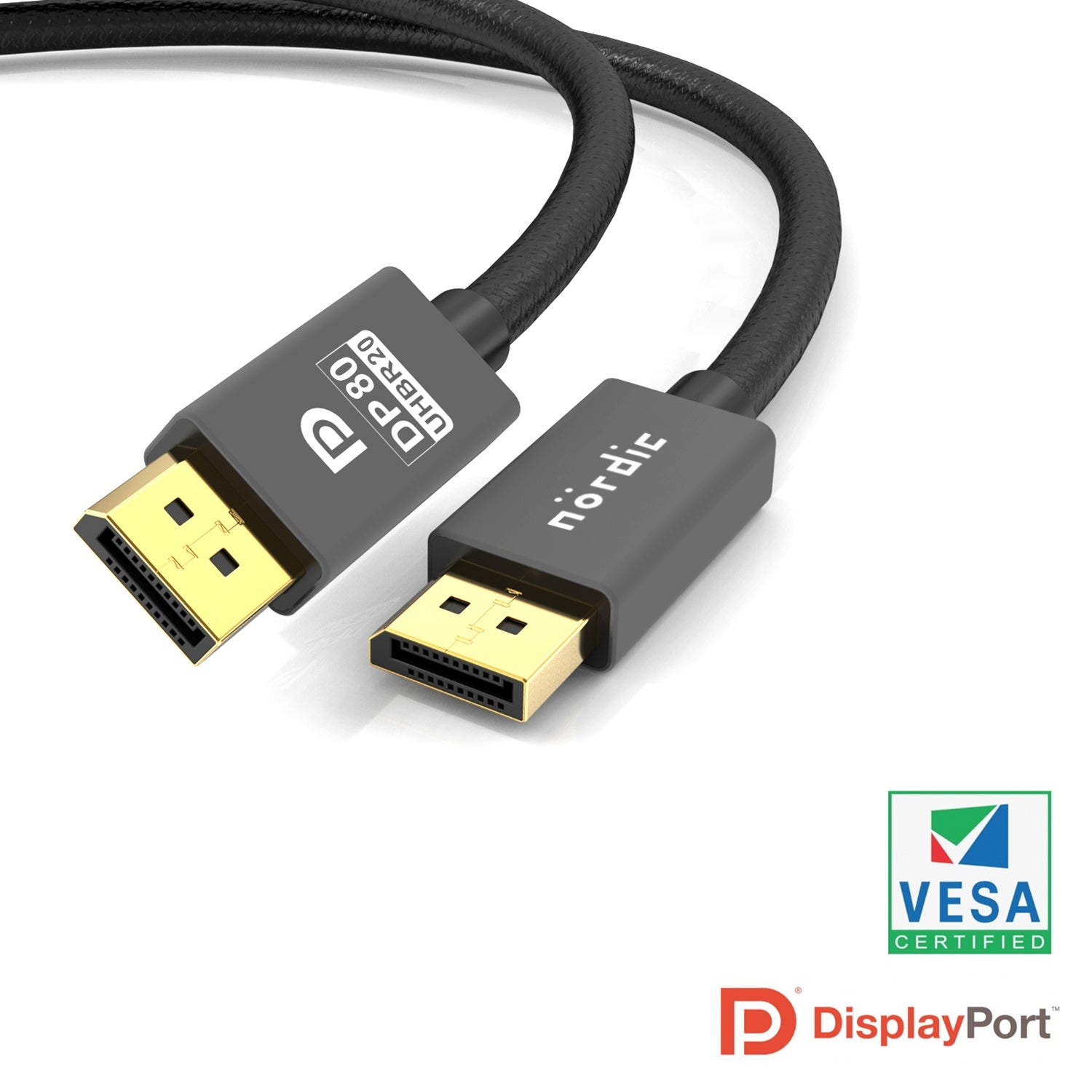 NÖRDIC VESA CERTIFIED 2m nylon flettet Displayport 2.1 kabel DP80 UHBR20 80Gbps 16/10/8K60H 4K240/165/144Hz DSC1.2a HDR HDCP2.2 FreeSync G-Sync