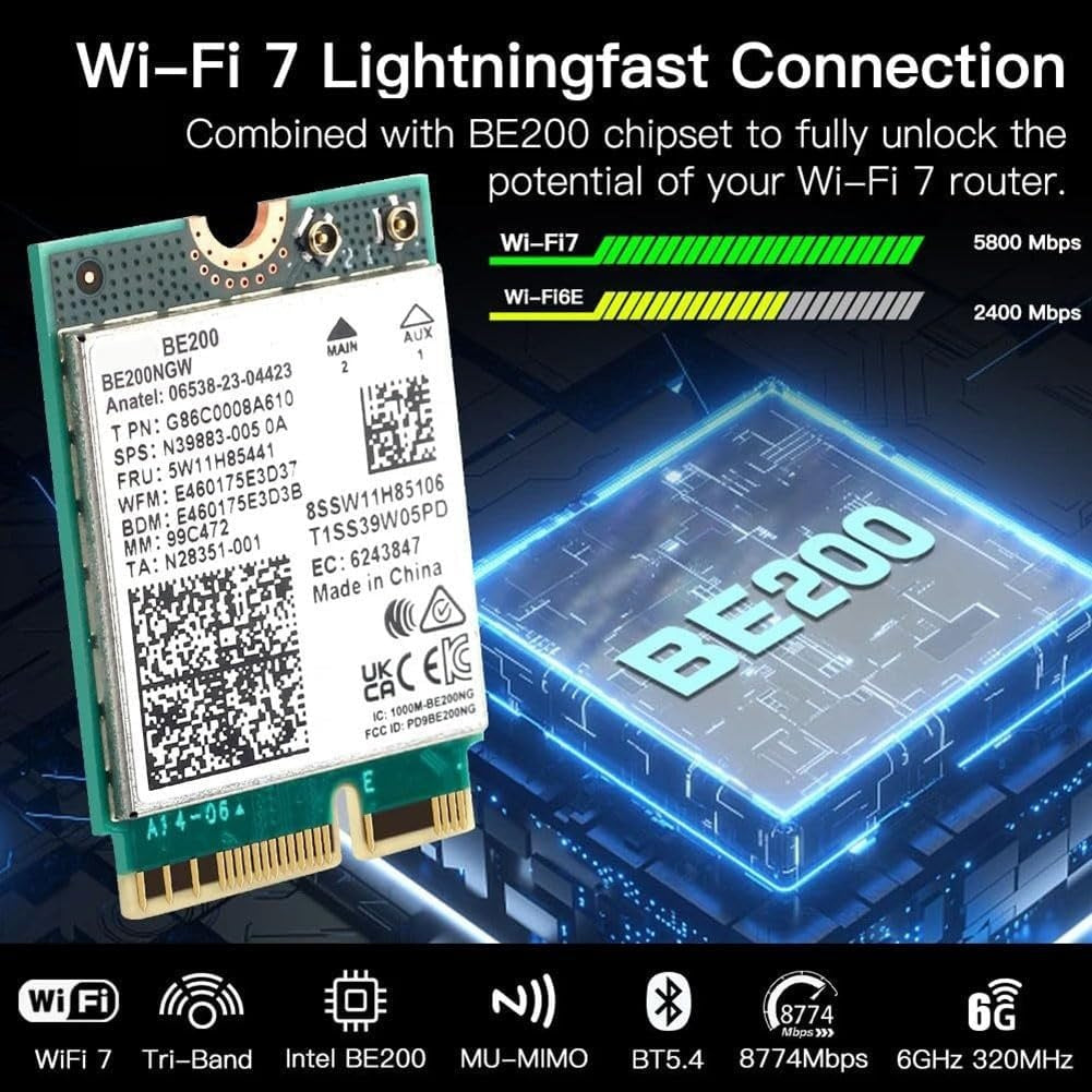 NÖRDIC WiFi 7 PCIe x1 trådløst netværkskort med Intel BE200-chipset, 8800 Mbps, Bluetooth 5.4