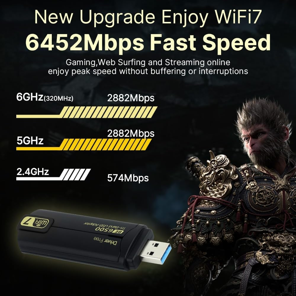NÖRDIC WiFi 7 USB 3.0 trådløs adapter med tri-band og høj hastighed til stationære og bærbare computere, Windows 10/11, Plug & Play