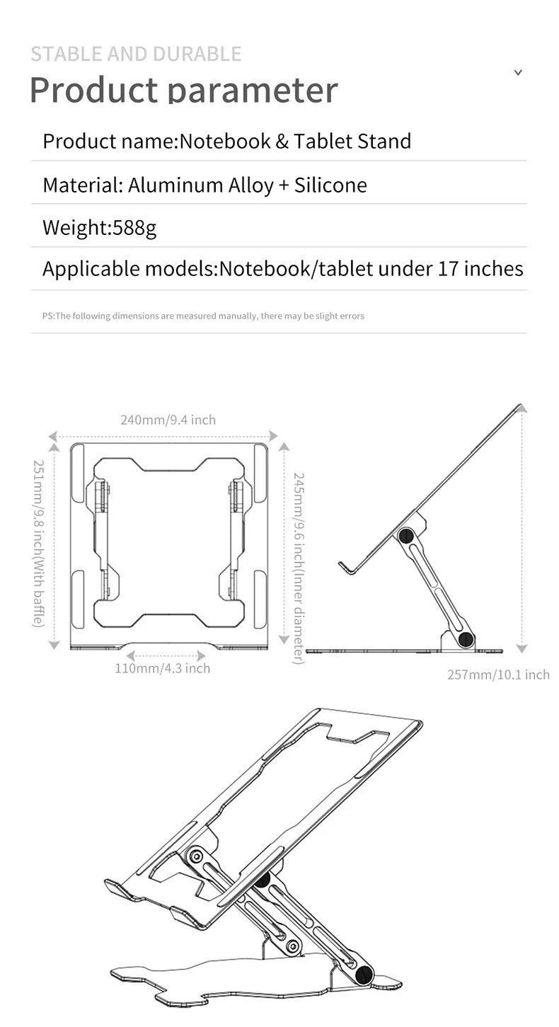 NÖRDIC aluminiumsholder til bærbar computer til op til 17" justerbar højde til notebookstander, sølvfarvet