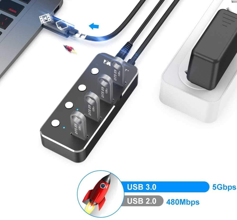 NÖRDIC drevet 4-ports hub USB 3.0 5Gbps med individuell bryter 25 cm kabel aluminium svart med strømforsyning