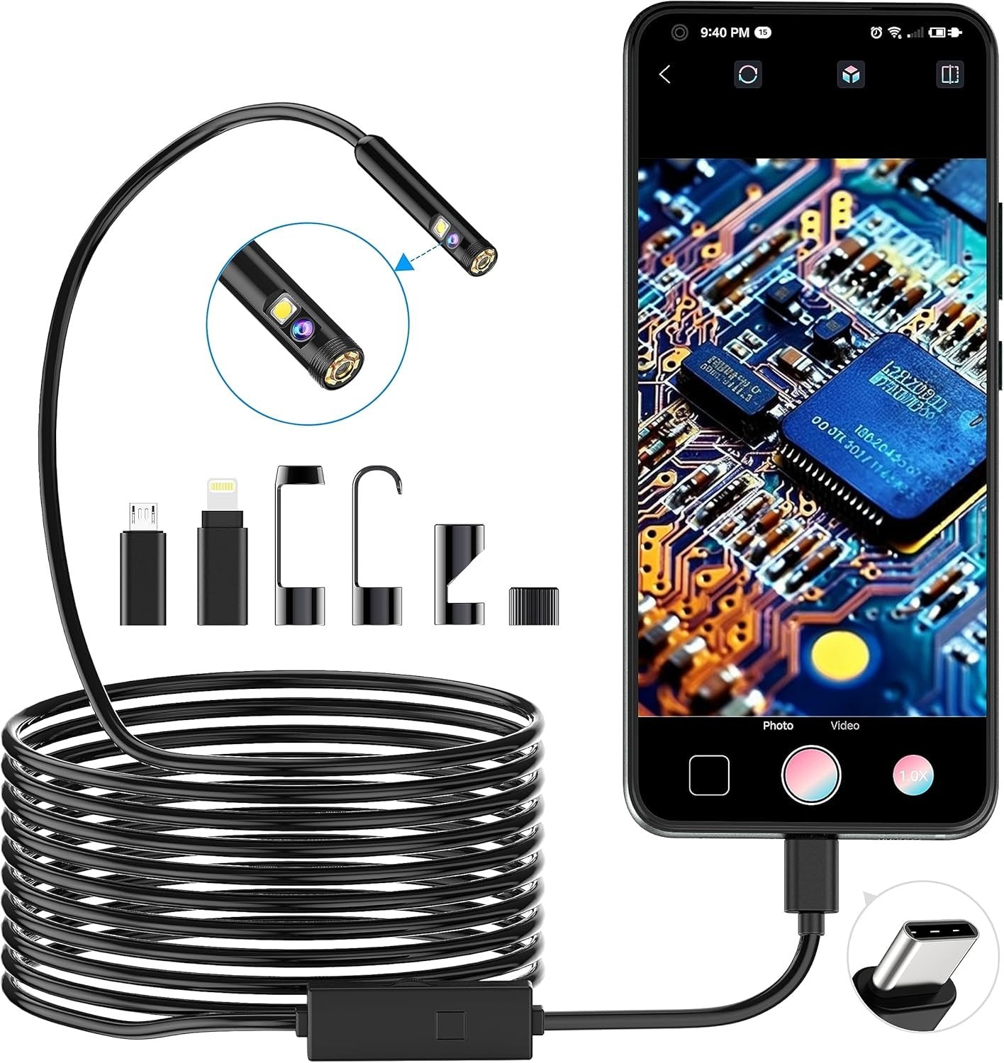 NÖRDIC Endoskopkamera Dual-lens til mobiltelefon med lys, 1080P HD, 8 LED-lys, vandtæt IP67, ingen WiFi nødvendig, Android og iOS