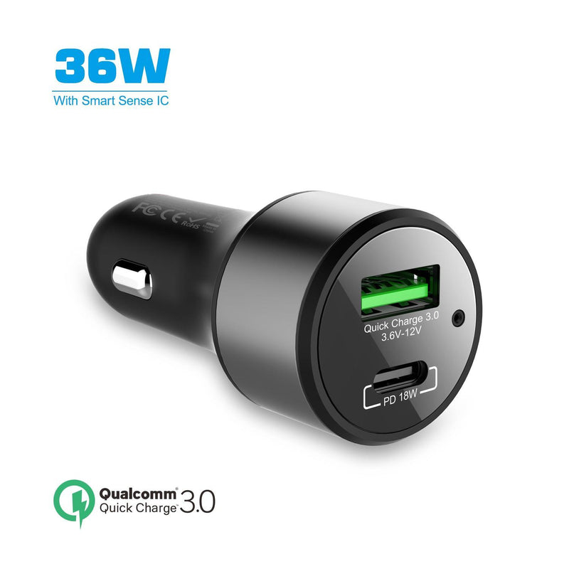 NÖRDIC oplader 36W 1xUSB C PD18W og 1xUSB En 18W Quick Charger 3,0 Qualcomm certificeret