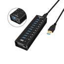 NÖRDIC strømforsynet 11-ports USB 3.0 HUB 5 Gbps 1,2 mm kabel aluminium sort med strømforsyning