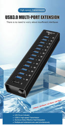 NÖRDIC strømforsynet 14-ports USB 3.0 HUB 5 Gbps 1,2 mm kabel aluminium sort med strømforsyning