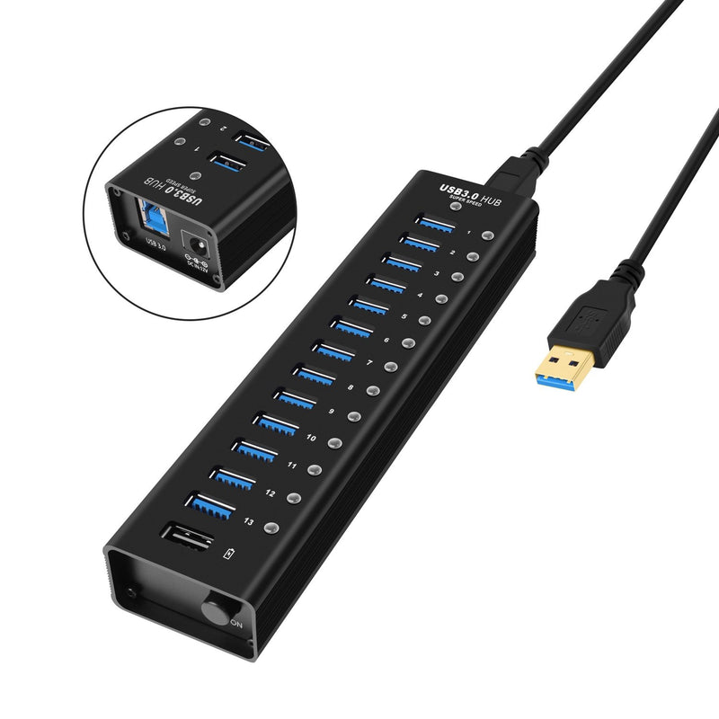 NÖRDIC strømforsynet 14-ports USB 3.0 HUB 5 Gbps 1,2 mm kabel aluminium sort med strømforsyning