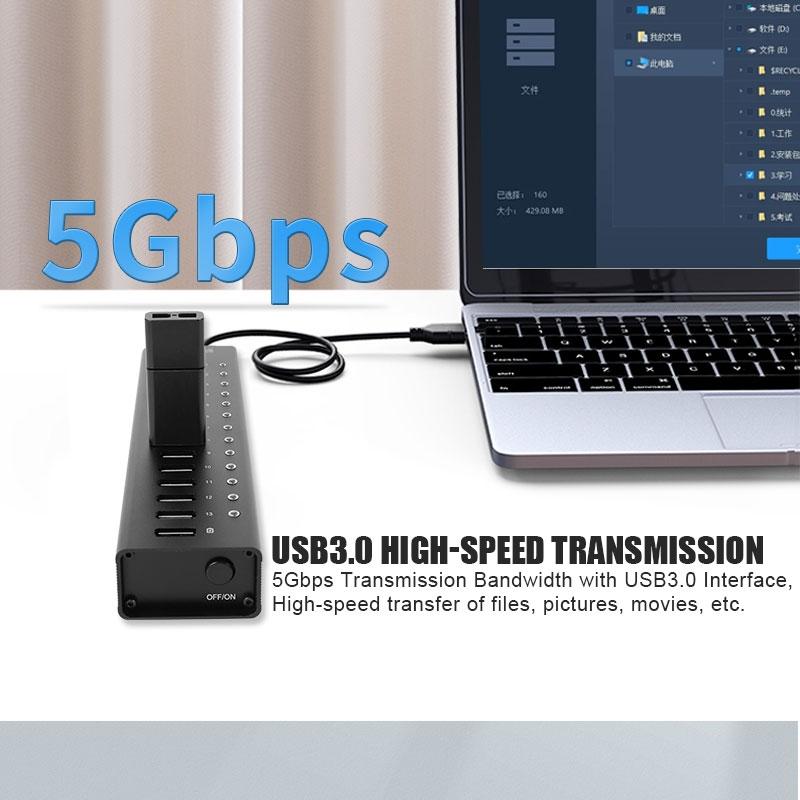 NÖRDIC strømforsynet 14-ports USB 3.0 HUB 5 Gbps 1,2 mm kabel aluminium sort med strømforsyning