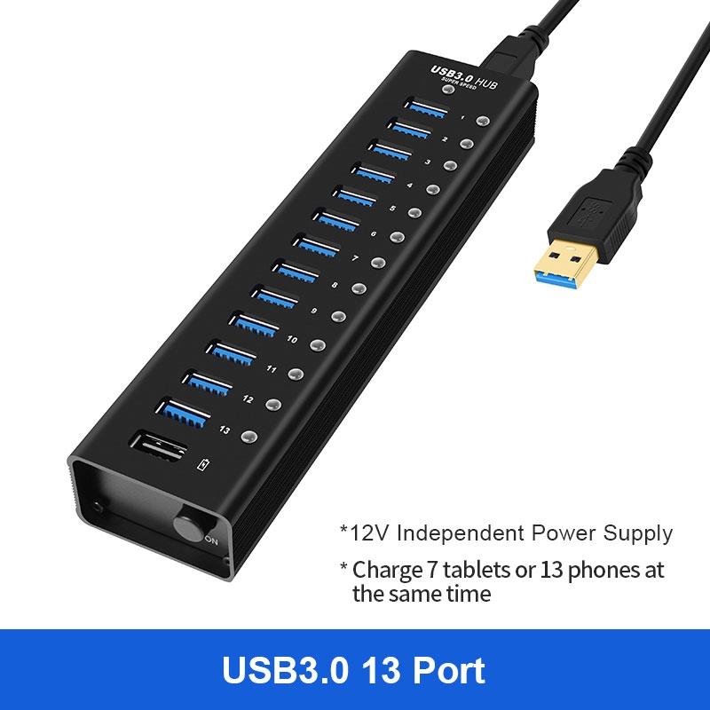 NÖRDIC strømforsynet 14-ports USB 3.0 HUB 5 Gbps 1,2 mm kabel aluminium sort med strømforsyning