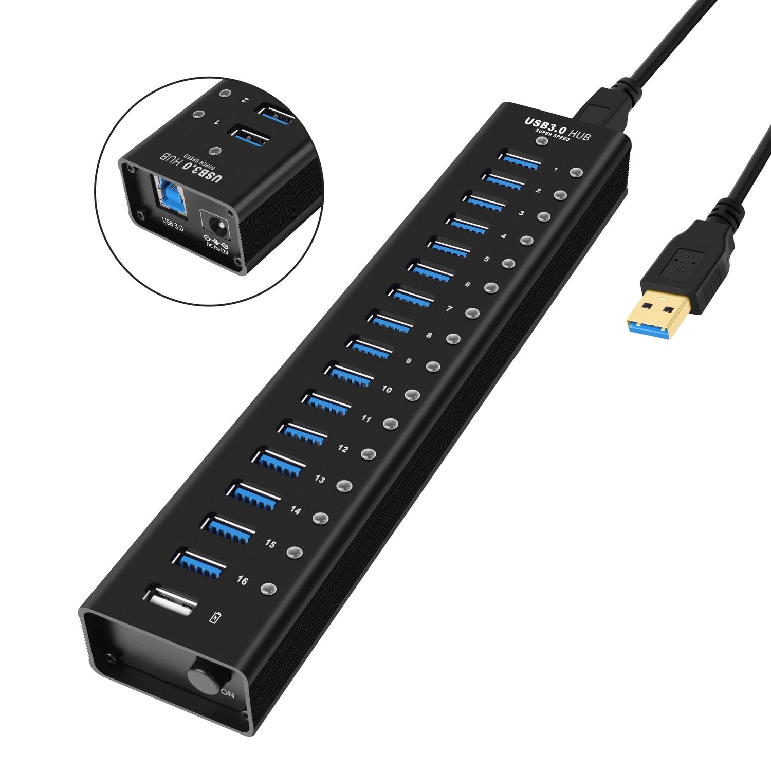 NÖRDIC strømforsynet 17-ports USB 3.0 HUB 5 Gbps 1,2 mm kabel aluminium sort med strømforsyning