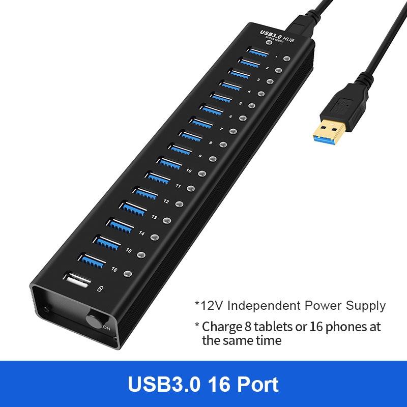 NÖRDIC strømforsynet 17-ports USB 3.0 HUB 5 Gbps 1,2 mm kabel aluminium sort med strømforsyning