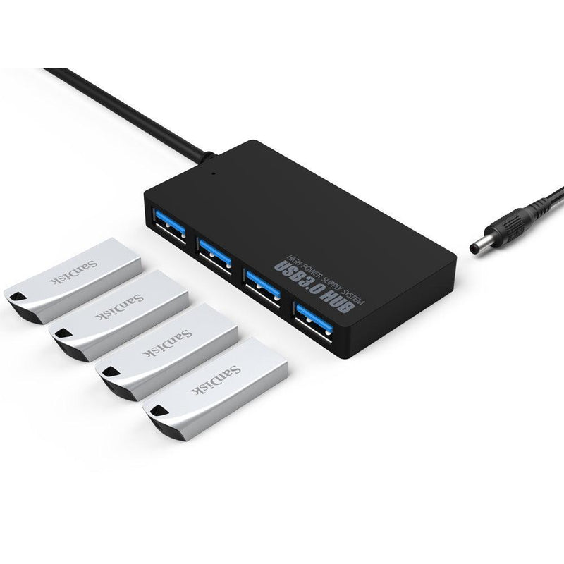 NÖRDIC strømforsynet 4-ports hub USB 3.0 5Gbps 25 cm kabel aluminium sort med strømforsyning