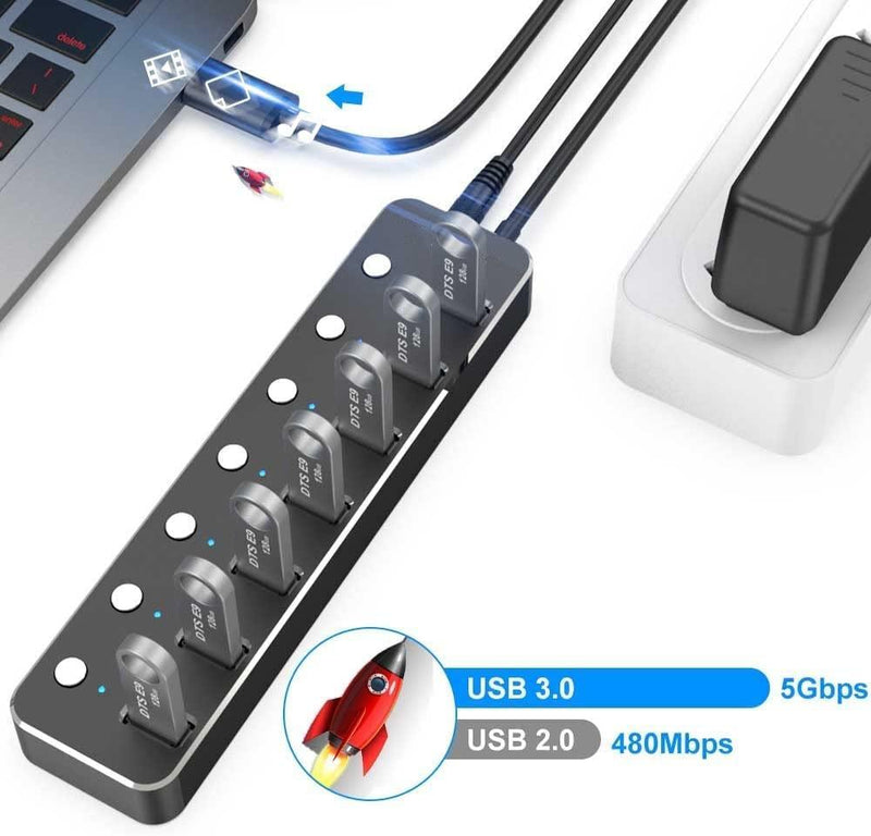 NÖRDIC strømforsynet 7-ports USB-C 3.0 HUB med individuel switch 5Gbps 25cm kabel aluminium sort med strømforsyning