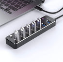 NÖRDIC strømforsynet 7-ports USB-C 3.0 HUB med individuel switch 5Gbps 25cm kabel aluminium sort med strømforsyning