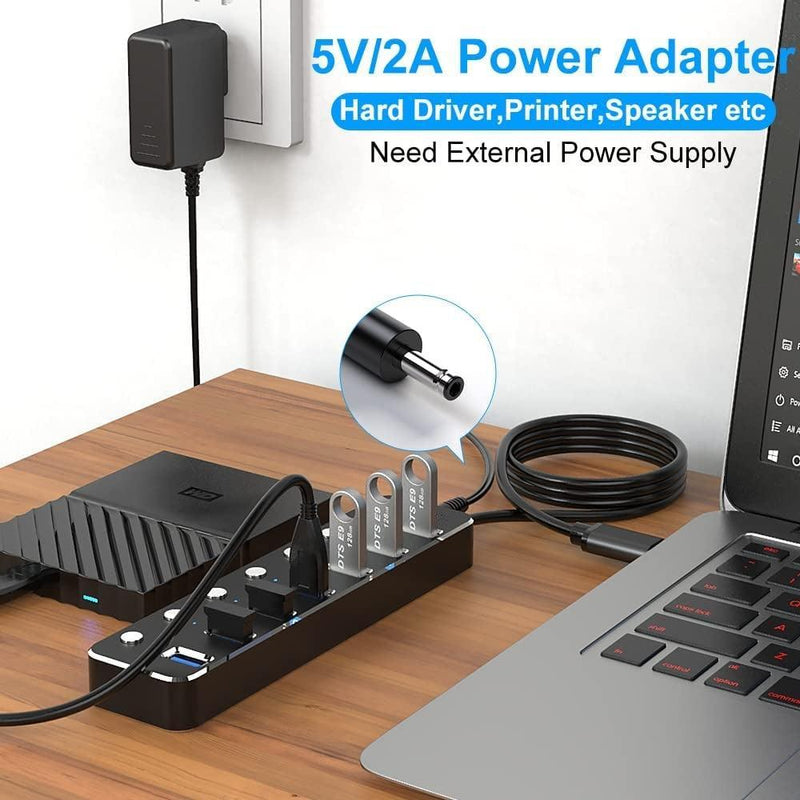 NÖRDIC strømforsynet 7-ports USB-C 3.0 HUB med individuel switch 5Gbps 25cm kabel aluminium sort med strømforsyning