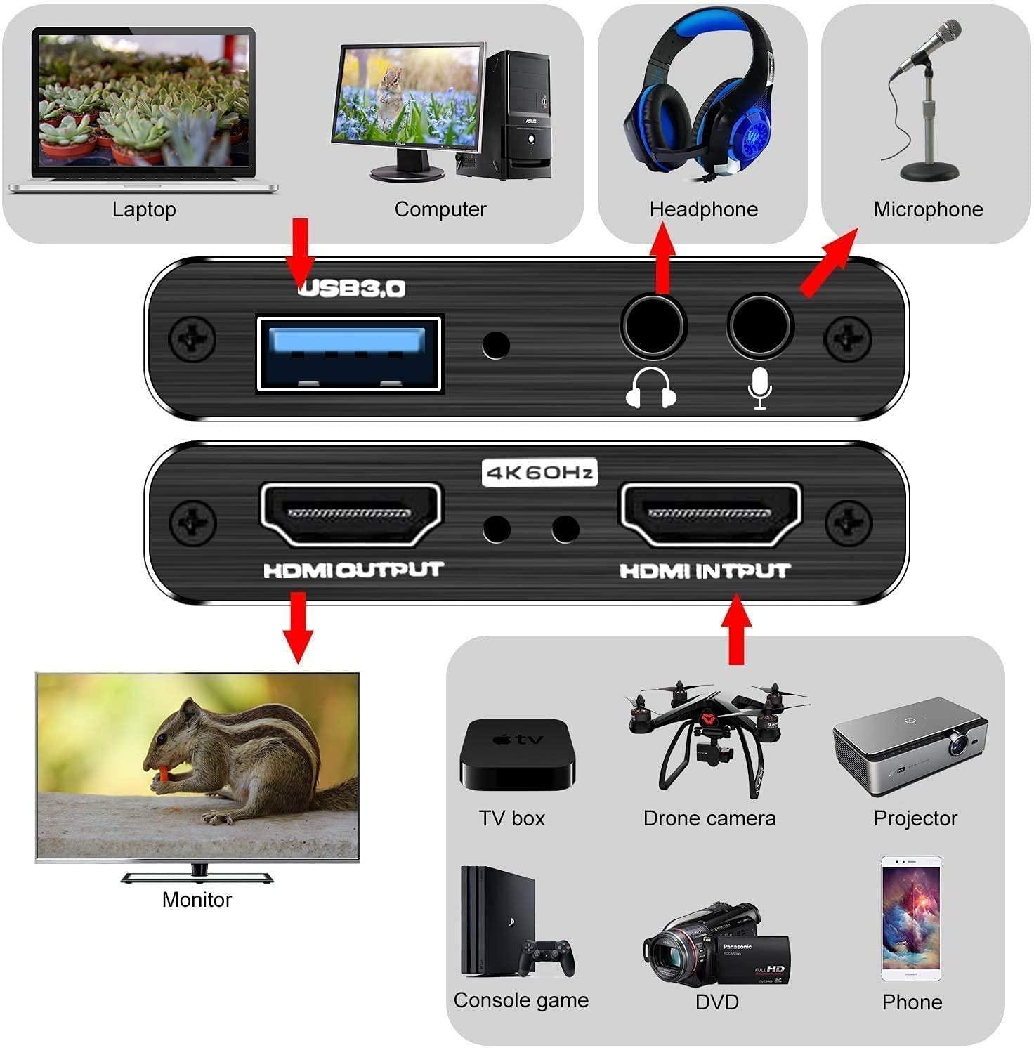 NÖRDIC videooptagelsesadapter USB3.0 HDMI-udgang 4K 60Hz HDMI med sløjfemikrofon og lydudgang HDMI-signalsløjfeudgang
