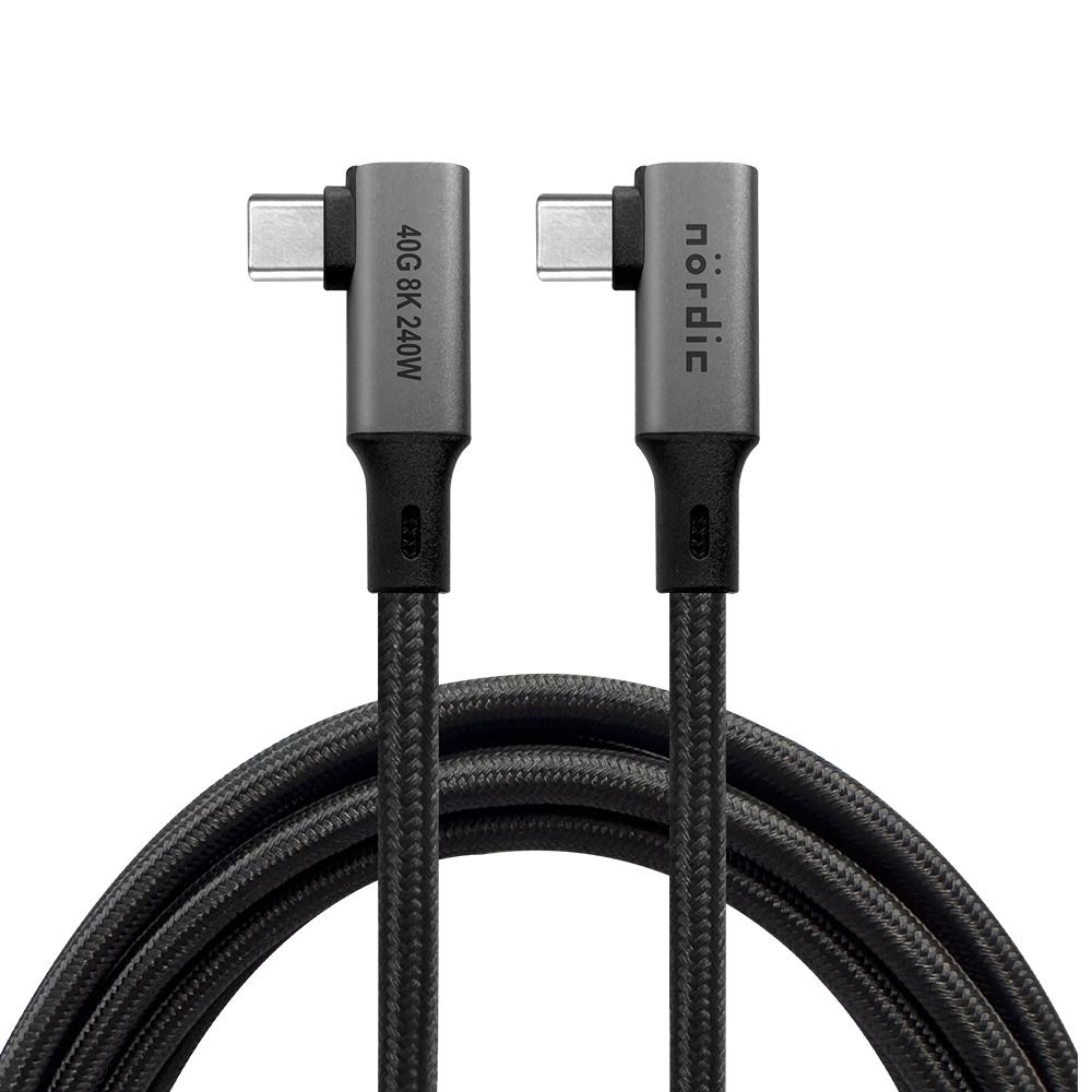 NÖRDIC vinklet 2m USB4 USB-C til C Nylon flettet kabel PD3.1 240W 40G 8K60Hz 4K144Hz Grå