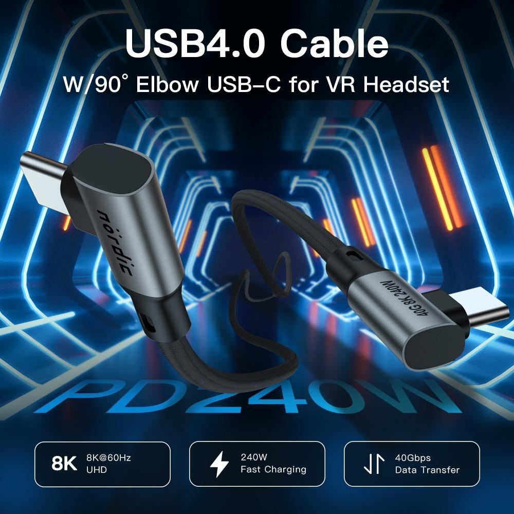 NÖRDIC vinklet 2m USB4 USB-C til C Nylon flettet kabel PD3.1 240W 40G 8K60Hz 4K144Hz Grå