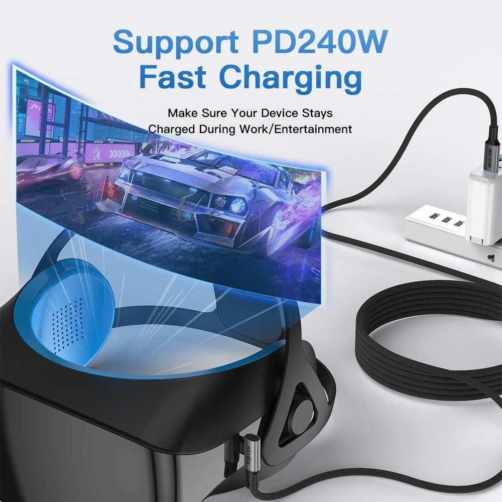 NÖRDIC vinklet 1m USB4 USB-C til C Nylon flettet kabel PD3.1 240W 40G 8K60Hz 4K144Hz Grå