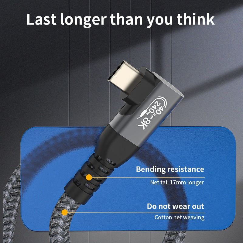 NÖRDIC vinklet 2m USB4 USB-C til C Nylon flettet kabel PD3.1 240W 40G 8K60Hz 4K144Hz Grå