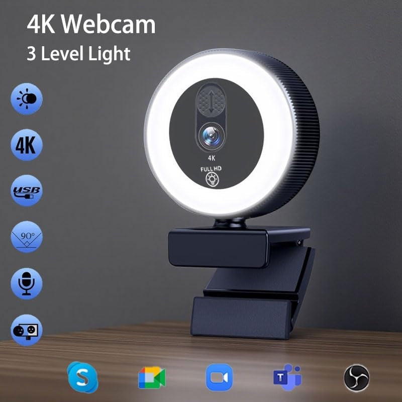 NÖRIDC HD 4K Webcam PC and Laptop, 360° Adjustable with Auto Focus, 3-Color Touch Lighting for Video Calls, Live Streaming and Remote Work