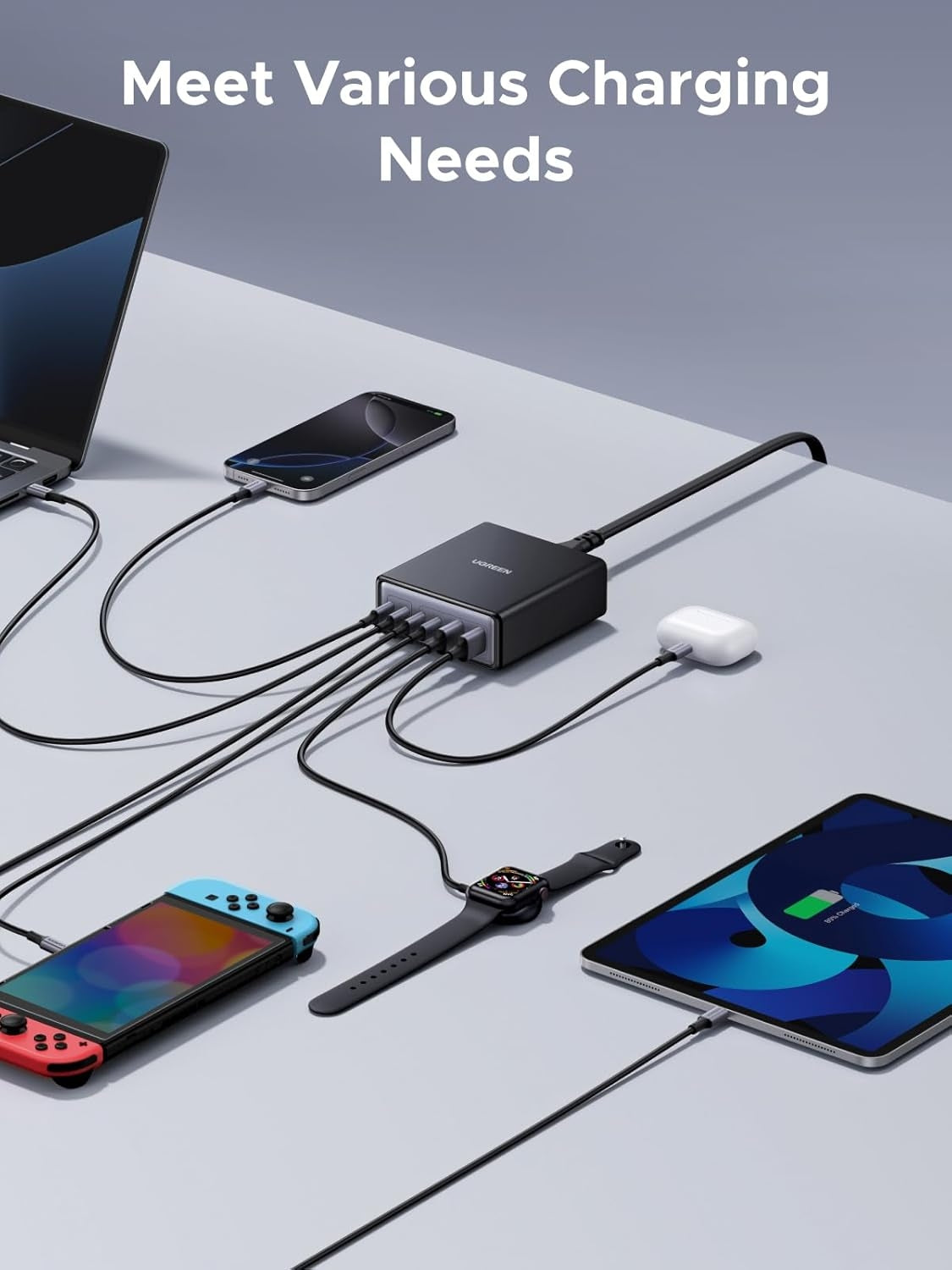 UGREEN 100W USB-C Opladningsstation, 6-ports GaN Skrivebordslader med 4 USB-C & 2 USB-A, Smart Strømfordeling